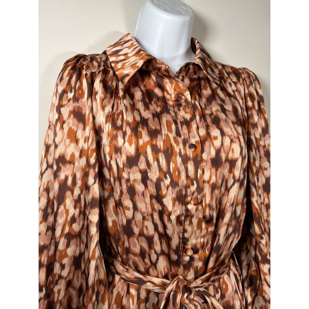 ENTRO Dress Size Large Spotted Chocolate Brown Rust Belted Button Cuff Boutique - Picture 2 of 8
